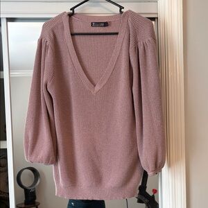 Zara Mauve Ribbed V-Neck Sweater with Balloon Sleeves